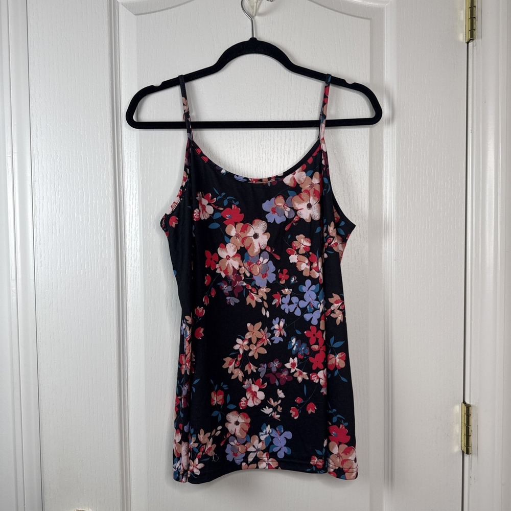 NWT OFEEFAN Womens L Black Floral Cami Tank Top Adjustable Strap Flowy Summer